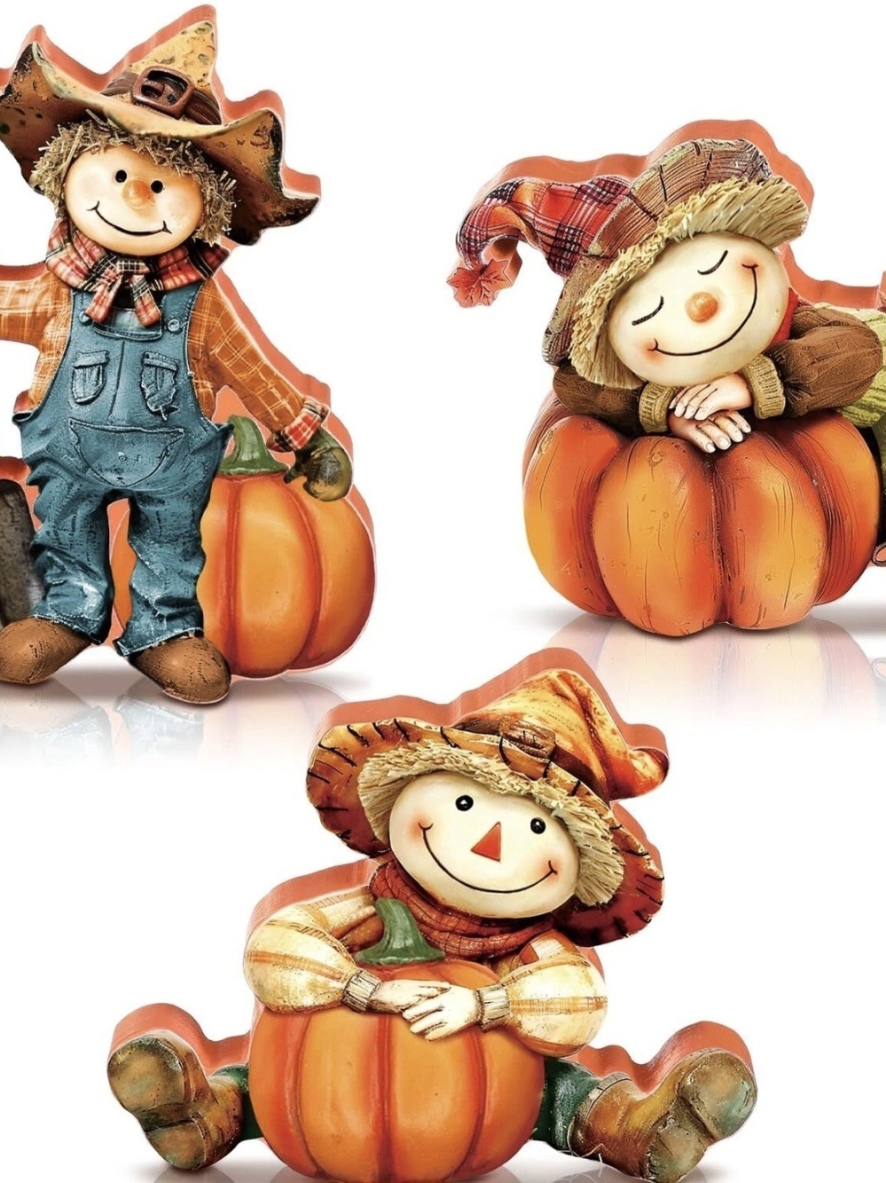 Festive Orange Pumpkin Scarecrow Trio Fall Accent